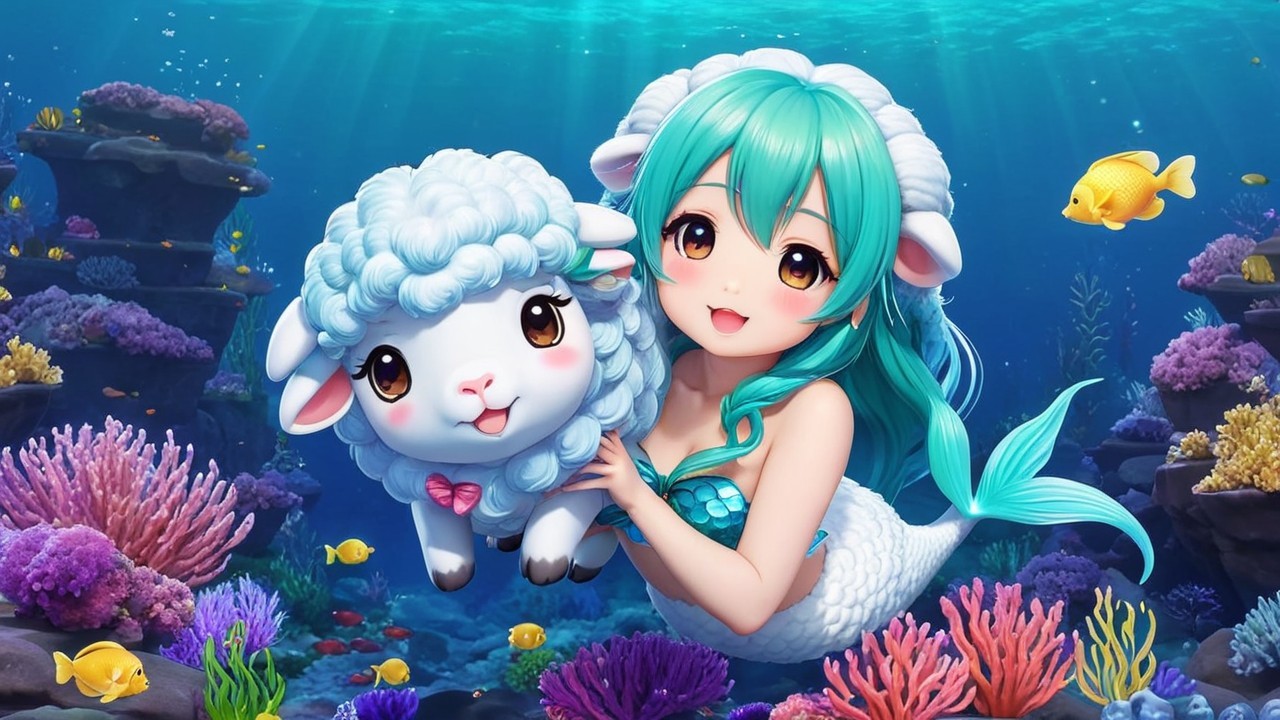 Vibrant Underwater Scene with Mermaid and Sheep