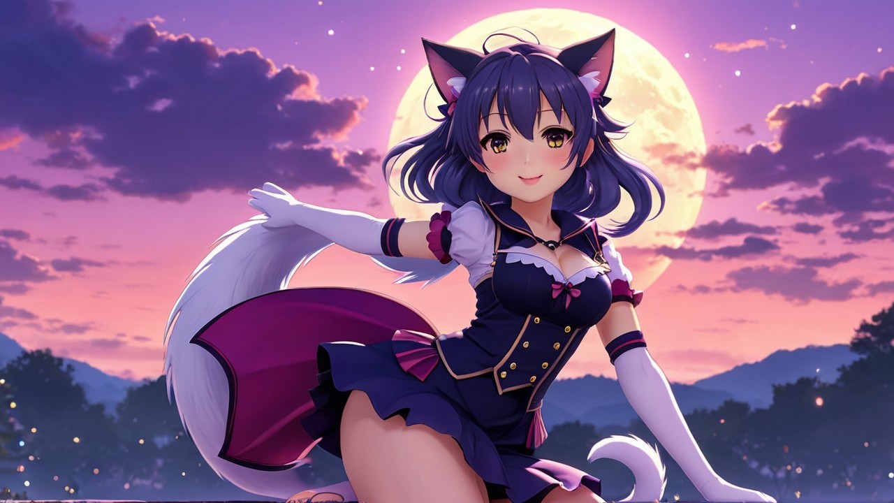 Anime Character with Cat Features Against Full Moon