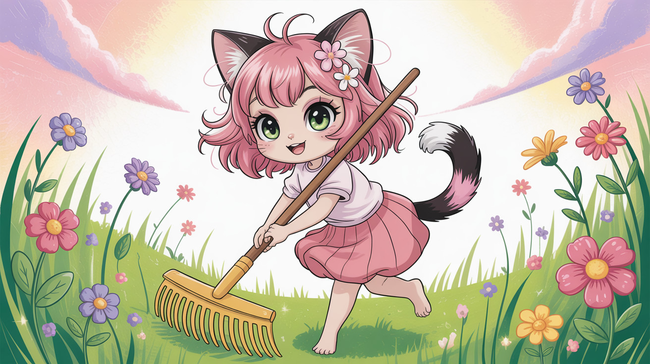 Anime girl with cat ears raking grass in a field
