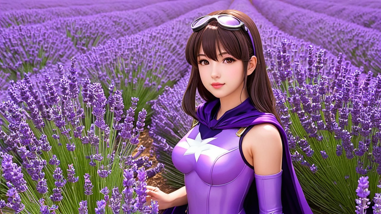Young woman in a lavender field wearing a costume and cape