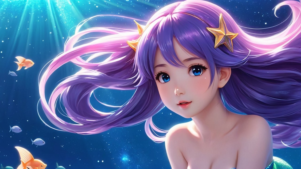 Young girl with purple hair swimming among fish