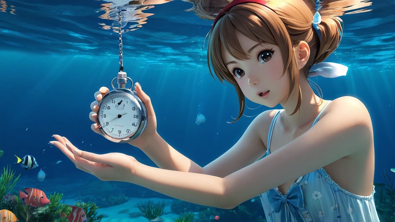 Underwater Scene with Girl, Stopwatch, and Coral