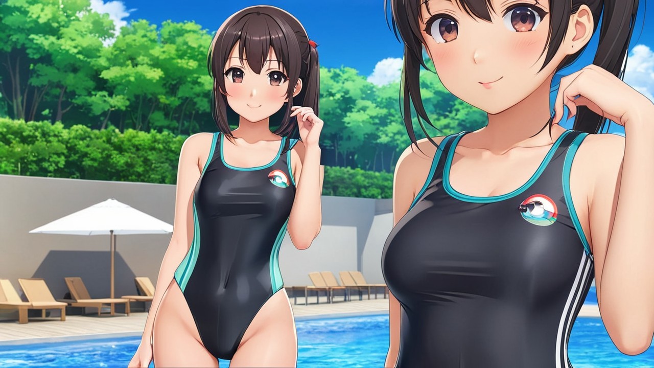 Bright Poolside Scene with Animated Characters in Swimsuits
