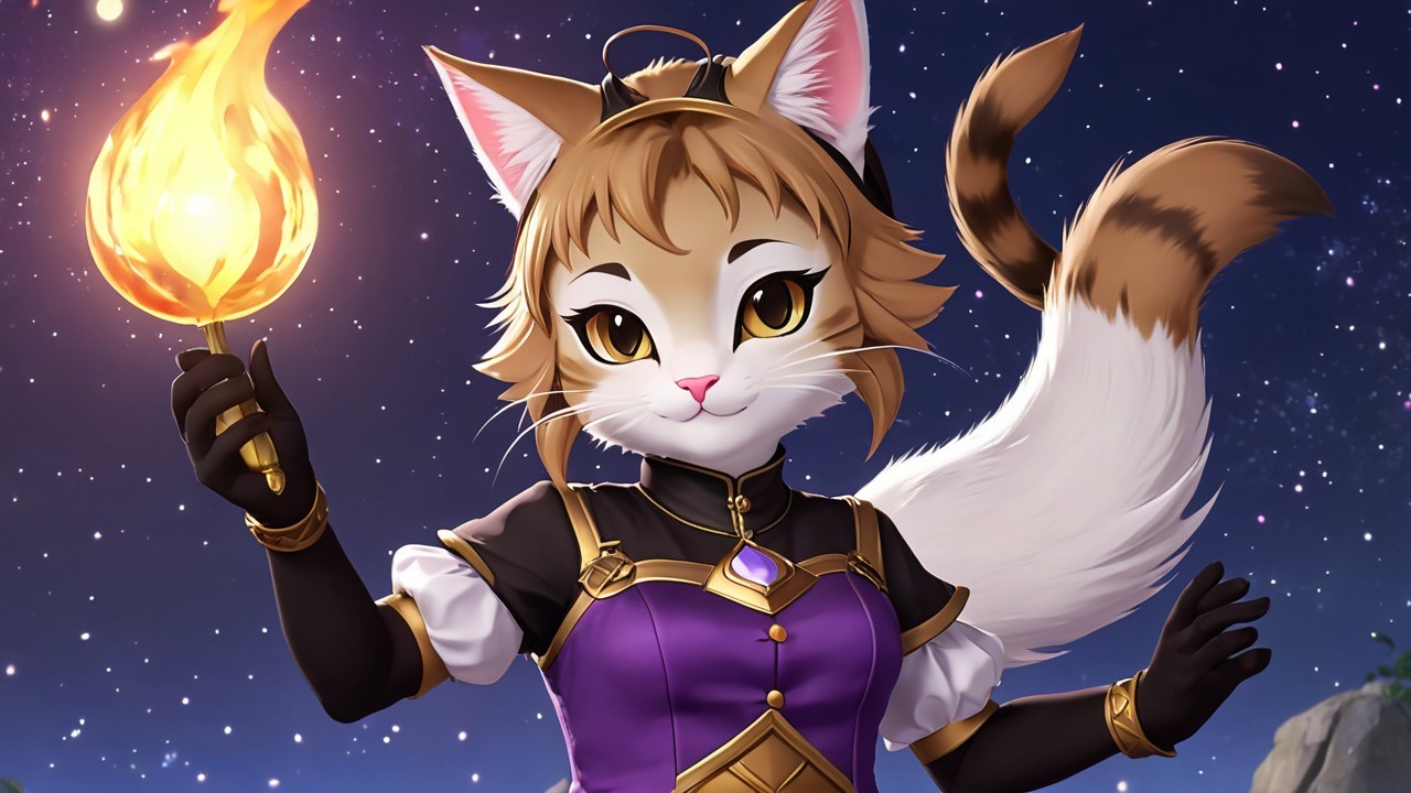 Feline Character with Torch in Starry Night Sky