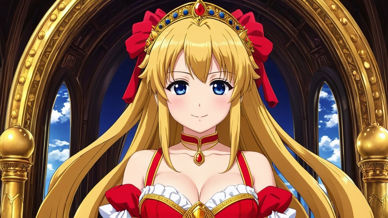 Regal young woman in red and gold gown with tiara