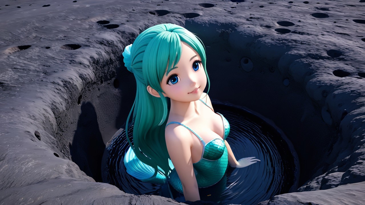 Whimsical Mermaid Illustration in Lunar Landscape