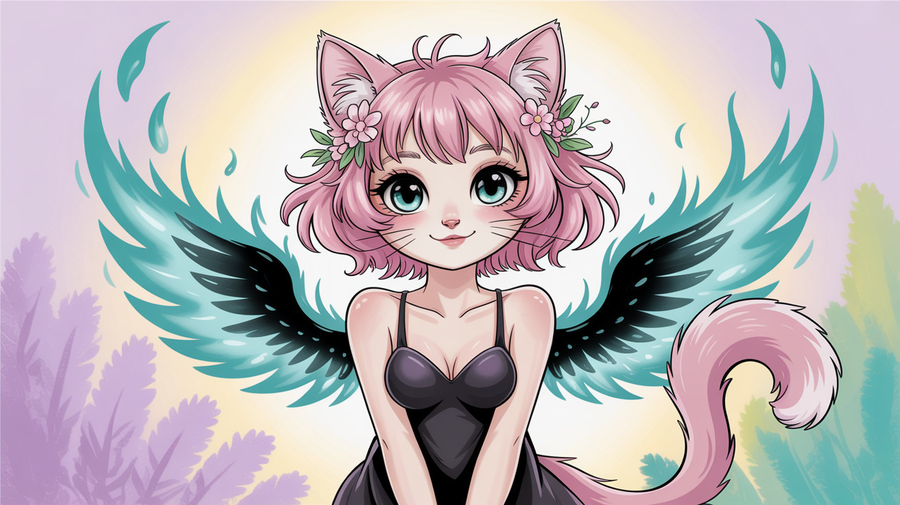 Digital painting of a cat girl with pink hair and dress
