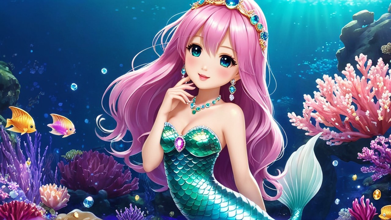 Illustration of a Mermaid in Vibrant Coral Reefs