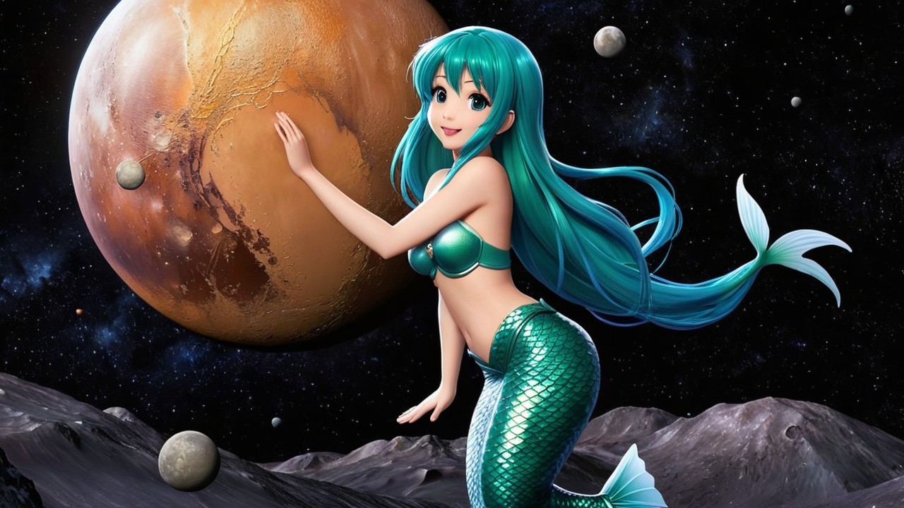 Mermaid in a Lunar Landscape with Celestial Bodies