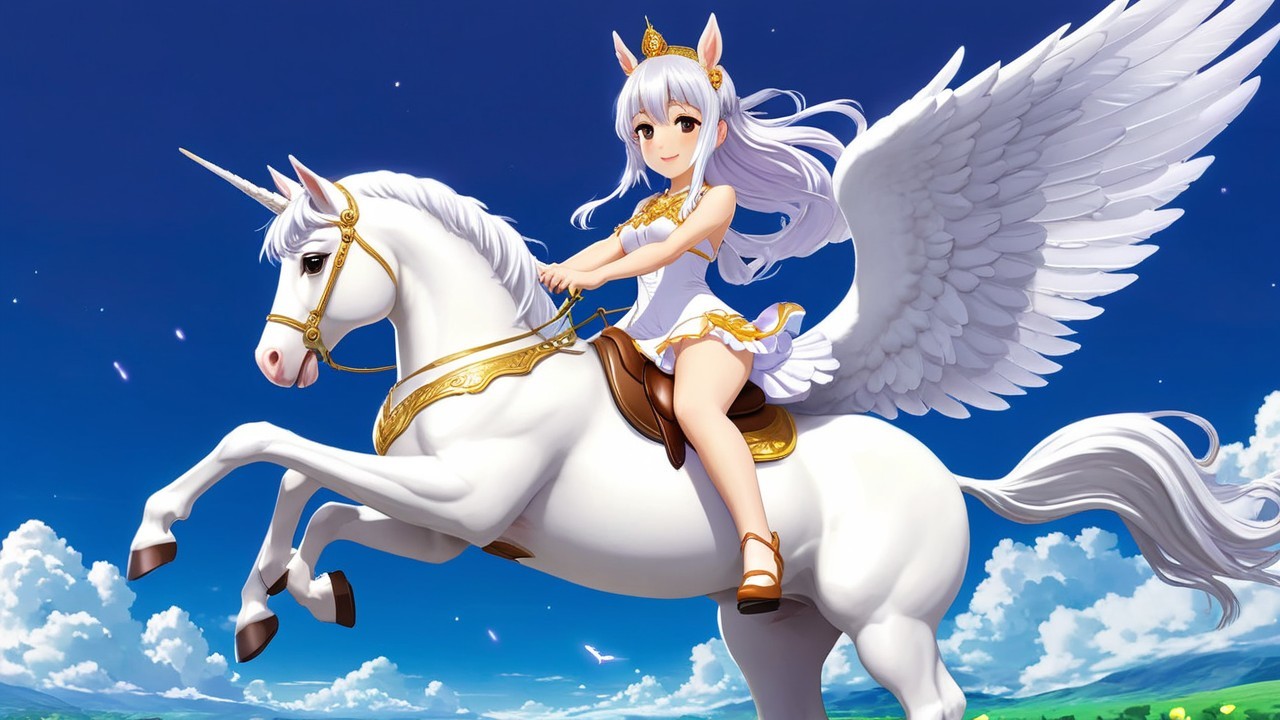 White unicorn flying in a blue sky with a rider