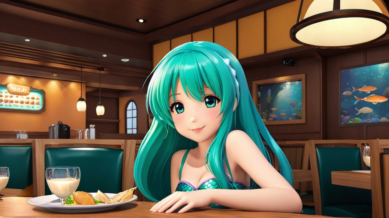 Cheerful anime character in cozy restaurant setting