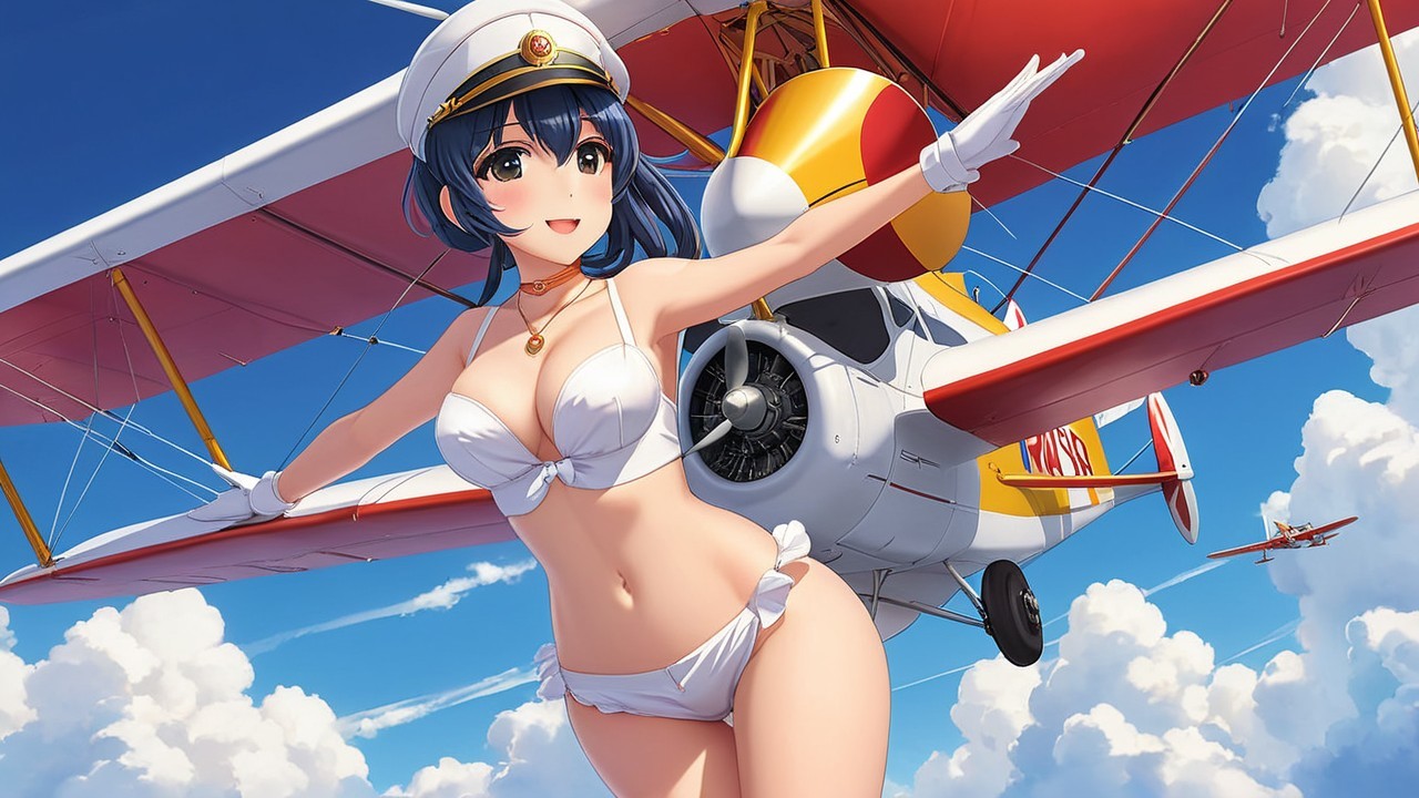 Cheerful girl in bikini with biplane and clouds
