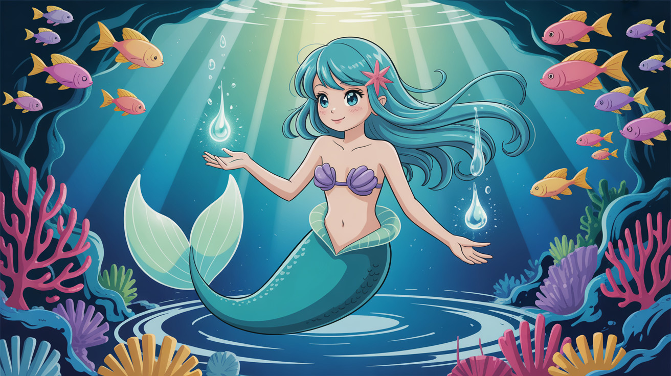 Anime-style mermaid in clear blue waters with fish