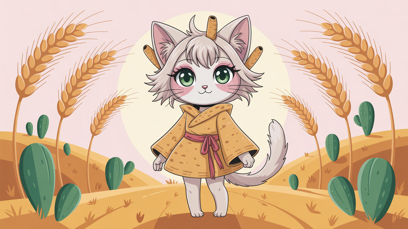 Anime Kitten in Tortilla Robe in Wheat Field at Sunset