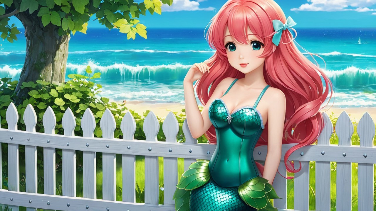 Mermaid with Pink Hair in Coastal Beach Setting