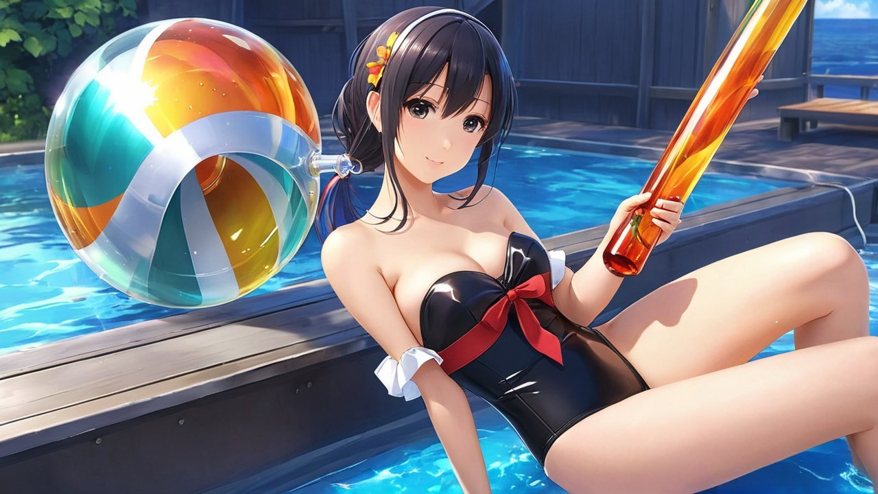 Young woman in black swimsuit by pool with toys