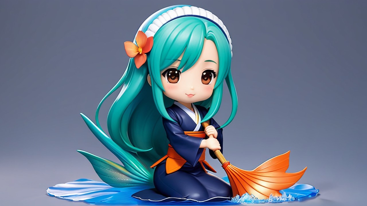 Charming chibi character with teal hair and playful outfit