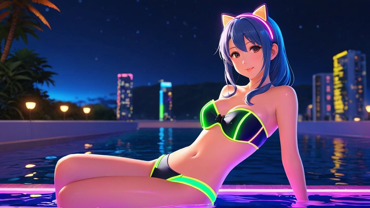 Anime Character by Glowing Pool at Night