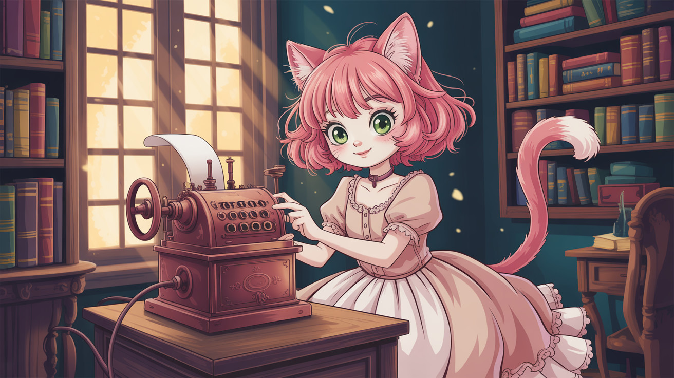Cheerful anime cat-girl in Victorian dress at cash register