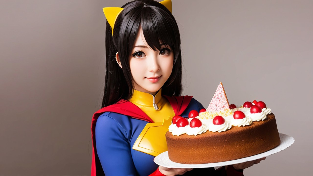 Young woman in superhero costume holds festive cake