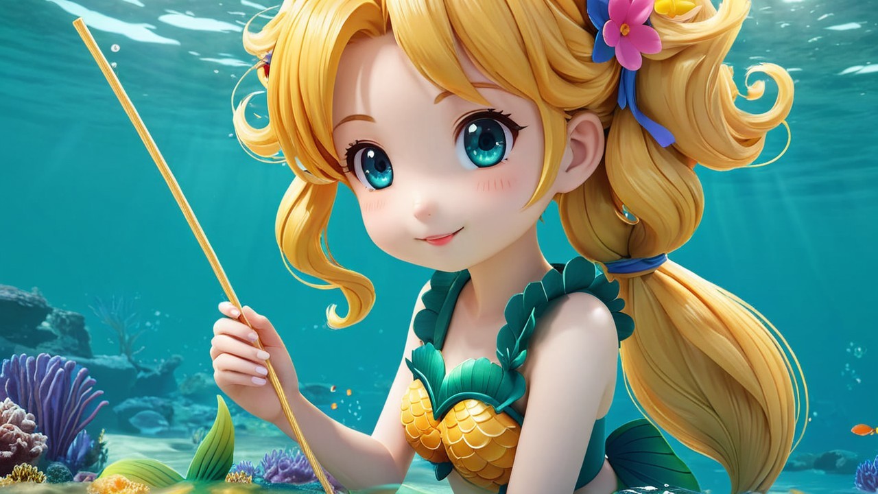 Underwater Scene with a Young Mermaid and Coral