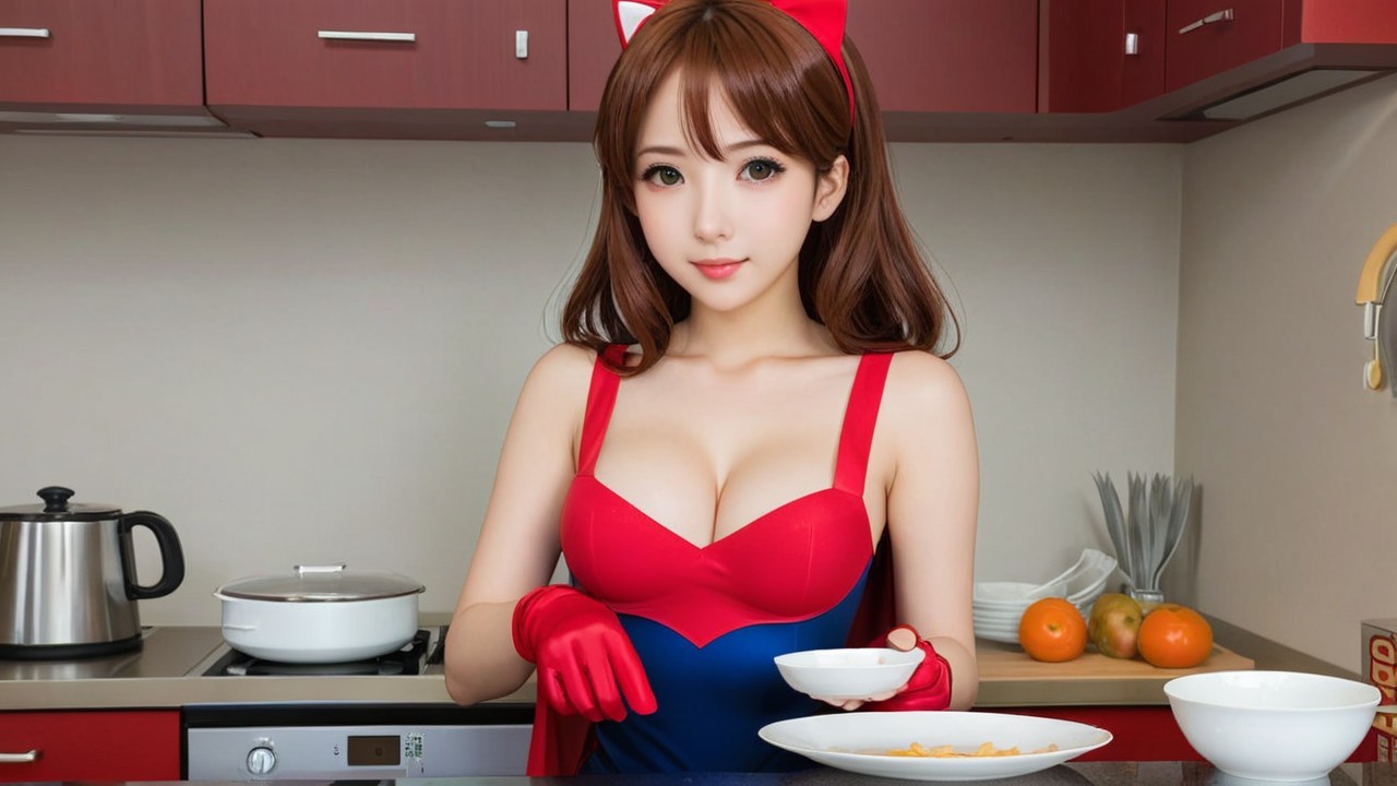 Young Woman in Superhero Costume in Modern Kitchen