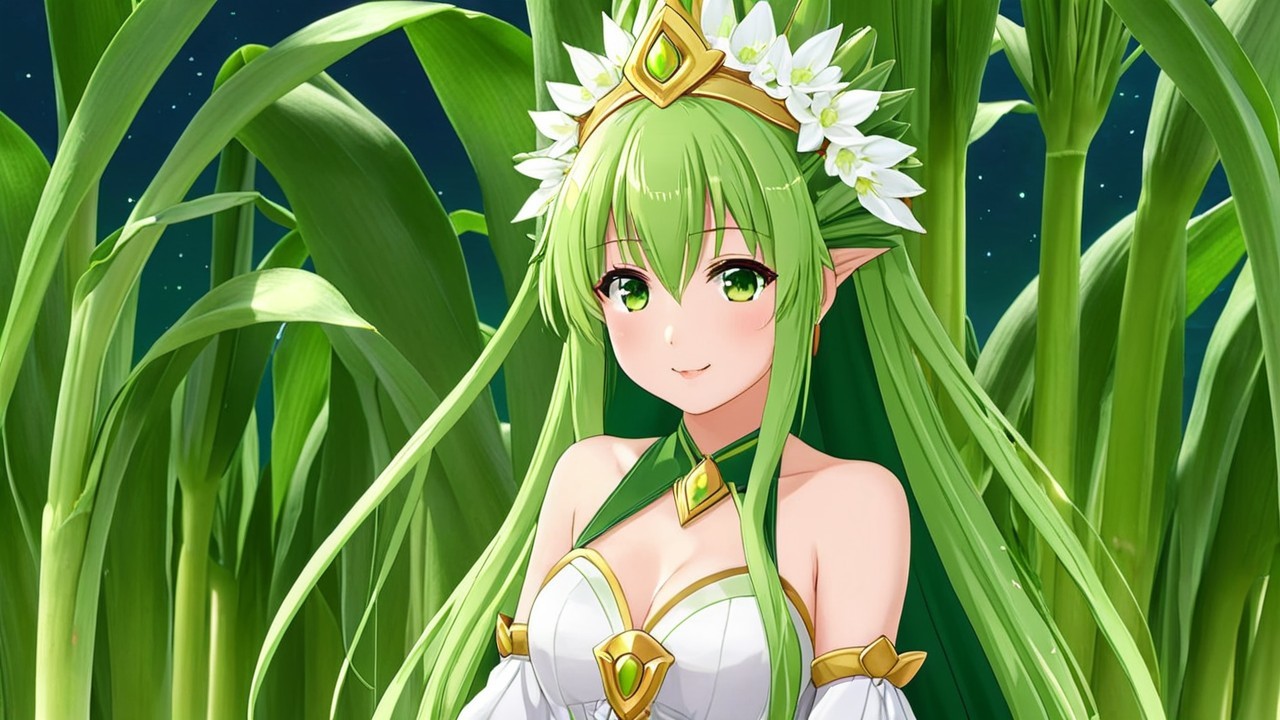 Fantasy Character in Lush Cornfield with Green Hair