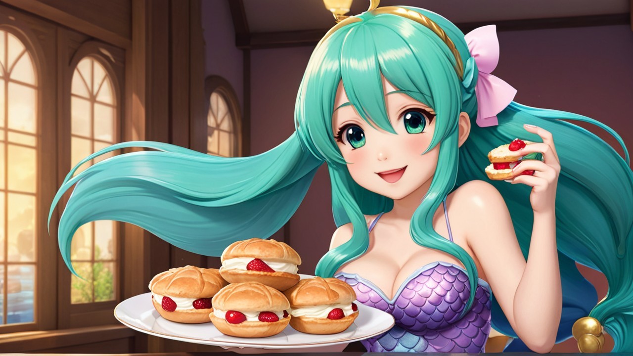 Cheerful Anime Girl in Mermaid Outfit with Pastries