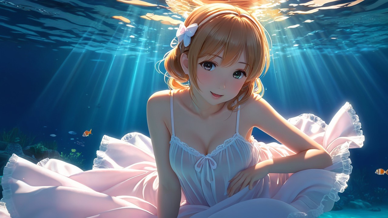 Anime character underwater with sunlight and fish