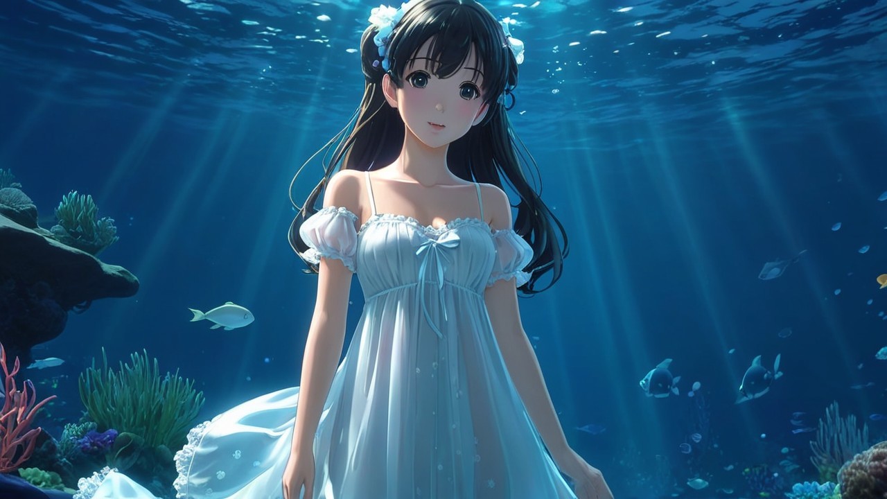 Underwater Scene with Woman in White Dress and Fish