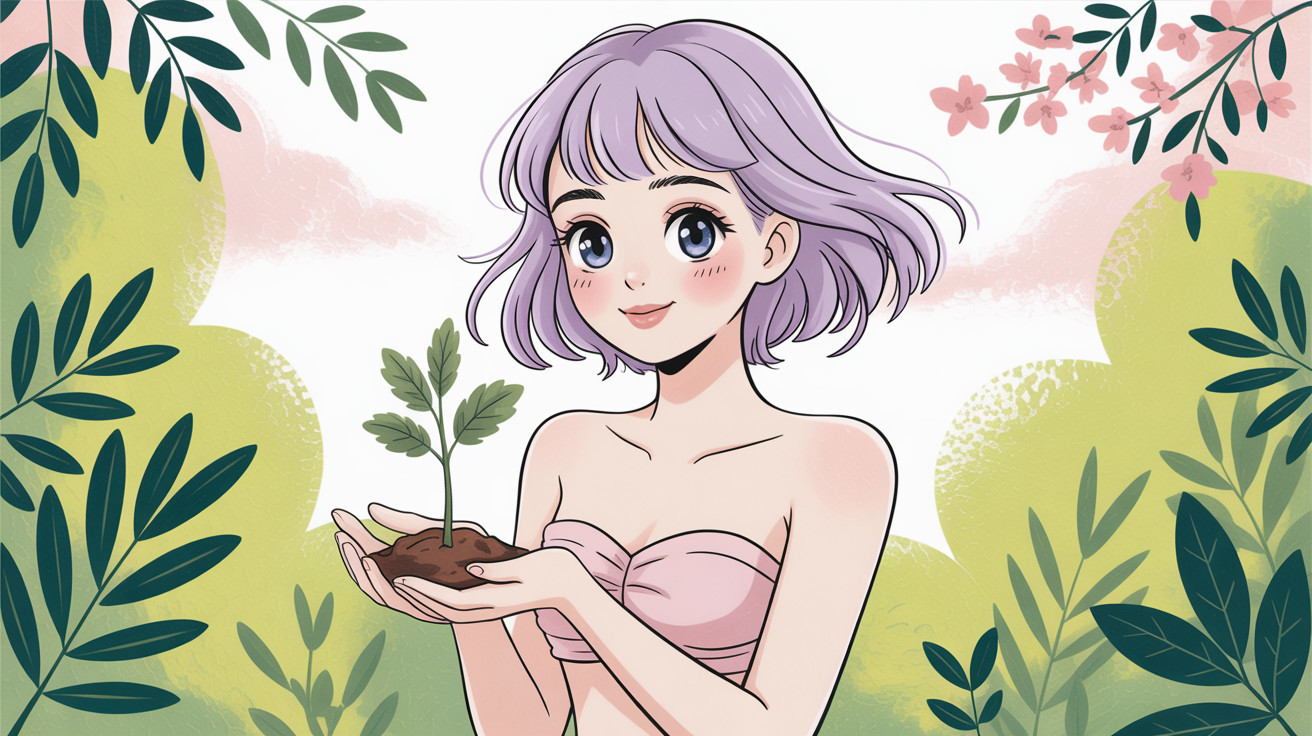 Anime illustration of a girl with purple hair and plant