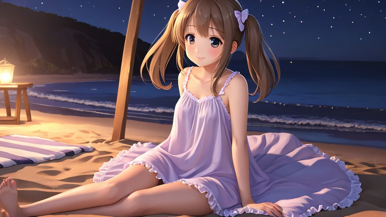 Young girl in nightdress on a beach at night