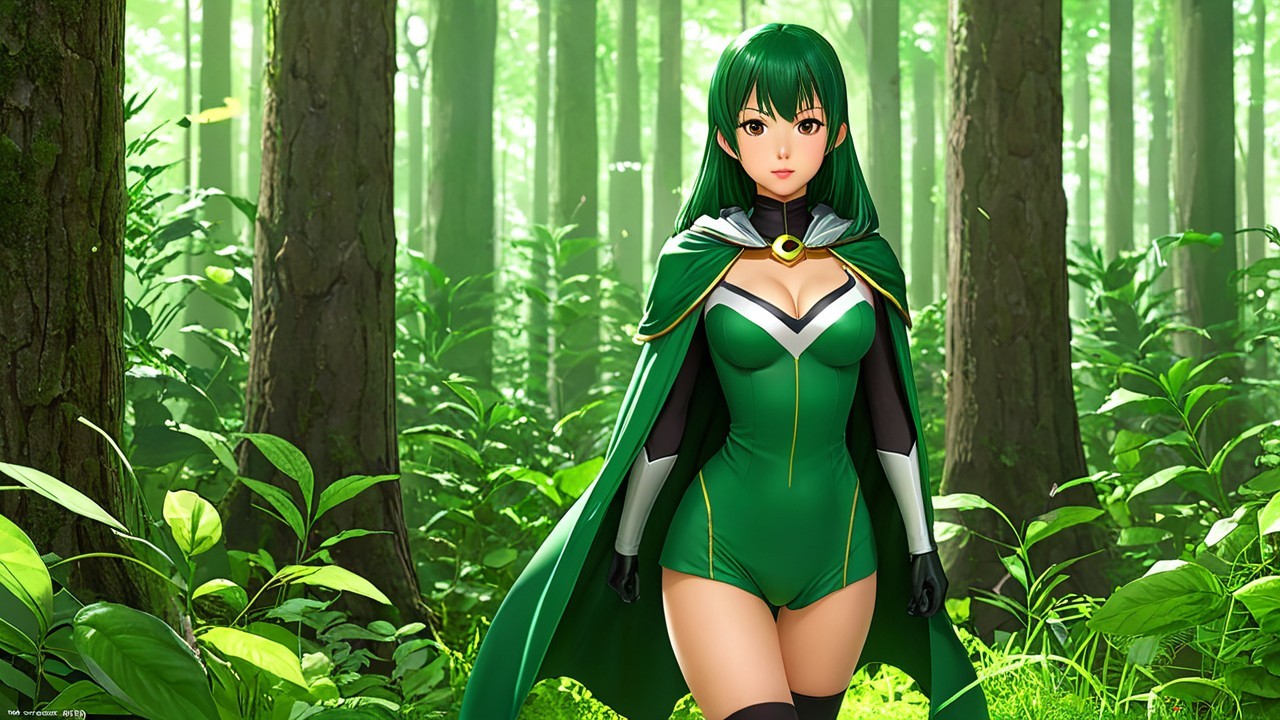 Female Character with Green Hair in Lush Forest