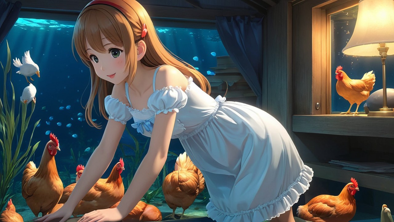 Whimsical Underwater Scene with Girl and Chickens
