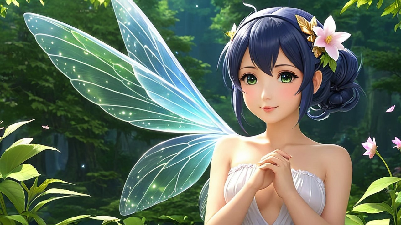 Serene Fairy in Enchanted Forest with Translucent Wings