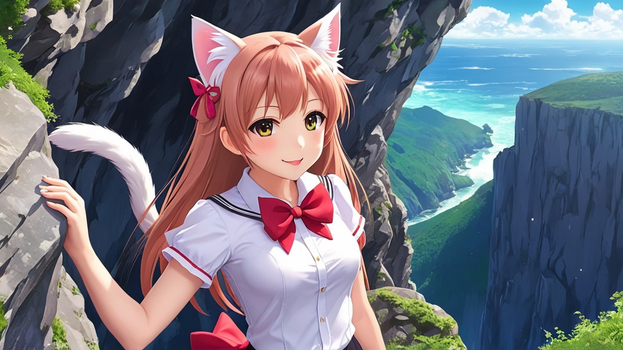Cheerful girl with cat features on rocky cliff landscape