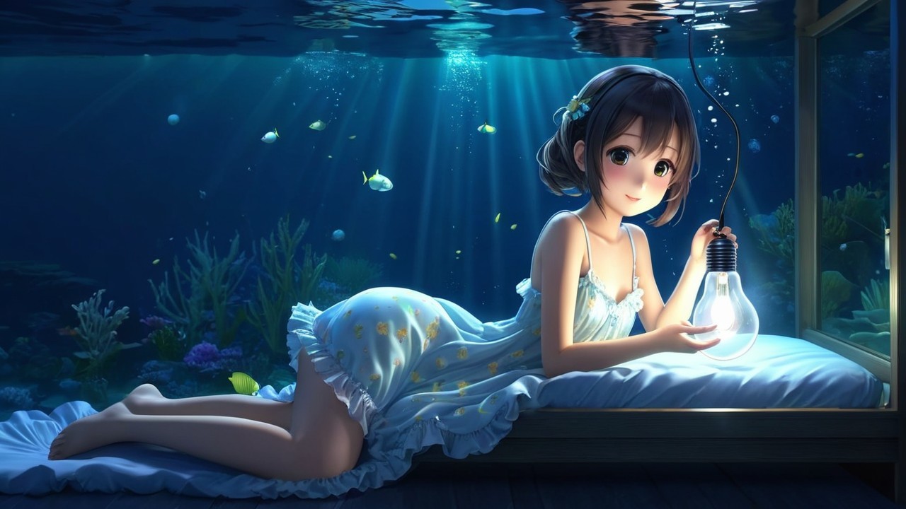 Underwater Scene with Girl, Fish, and Coral