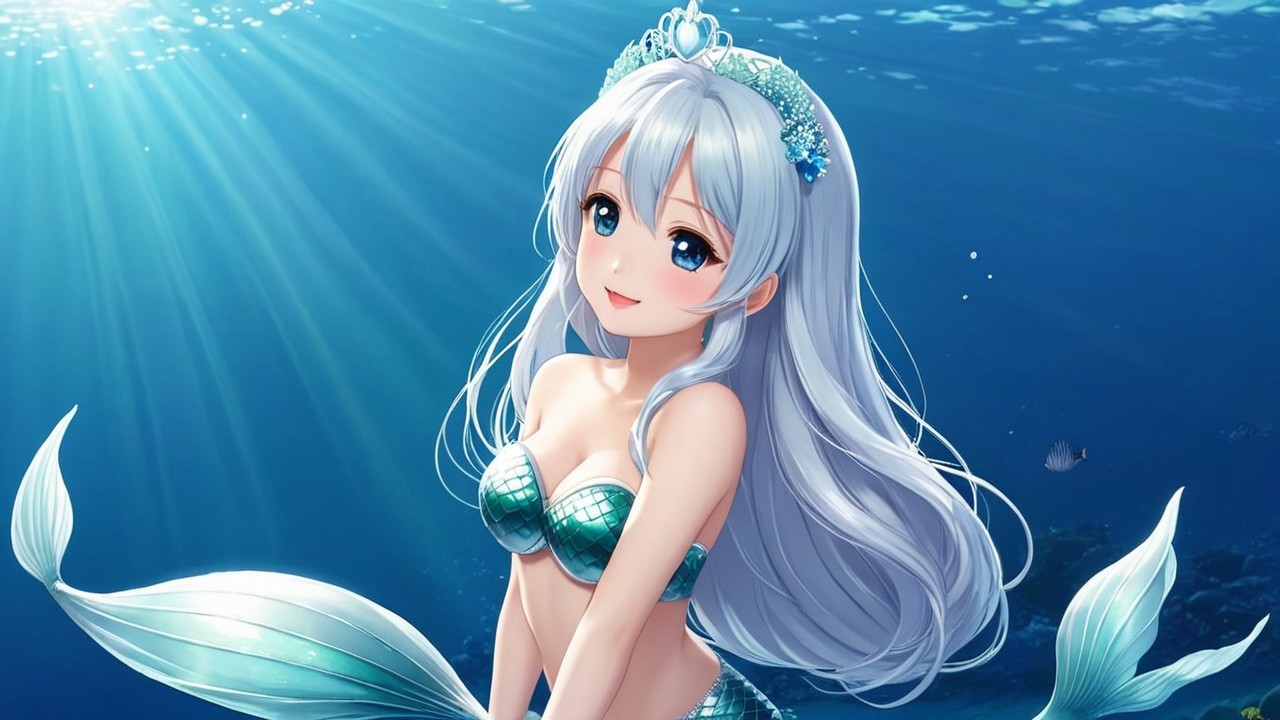 Mermaid in Vibrant Underwater Scene with Shell Crown
