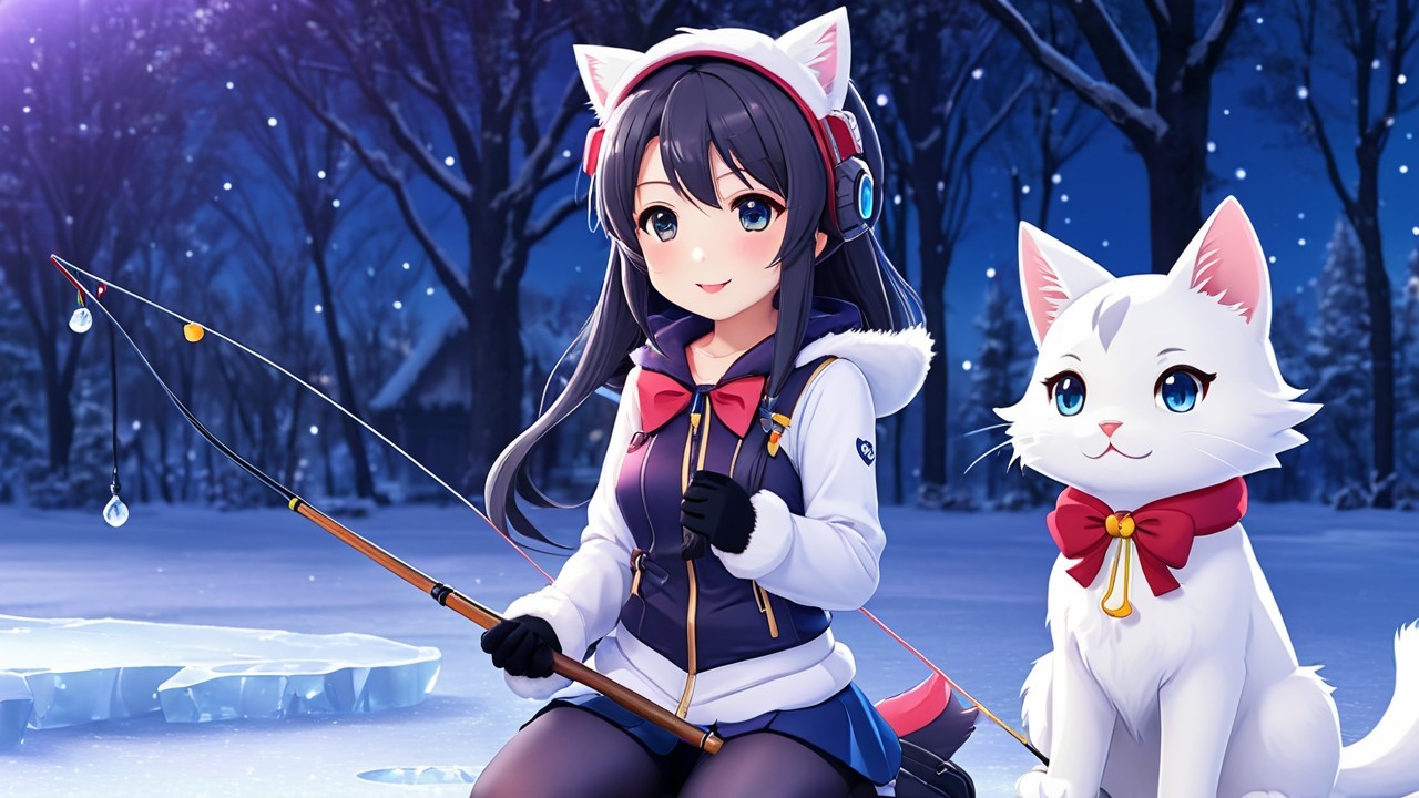 Young girl with cat ears fishing by frozen lake
