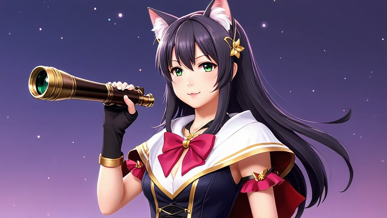 Character with Cat Ears and Telescope in Starry Night