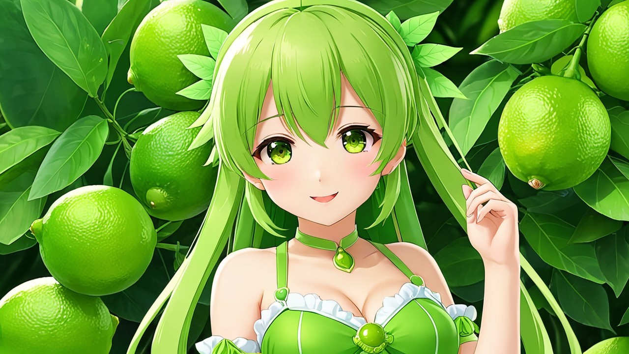 Cheerful Anime Character Among Lush Lime Trees