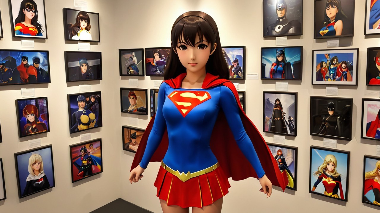 Life-sized female superhero figure in vibrant costume