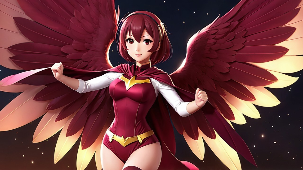 Anime-Inspired Character with Red Wings and Cape