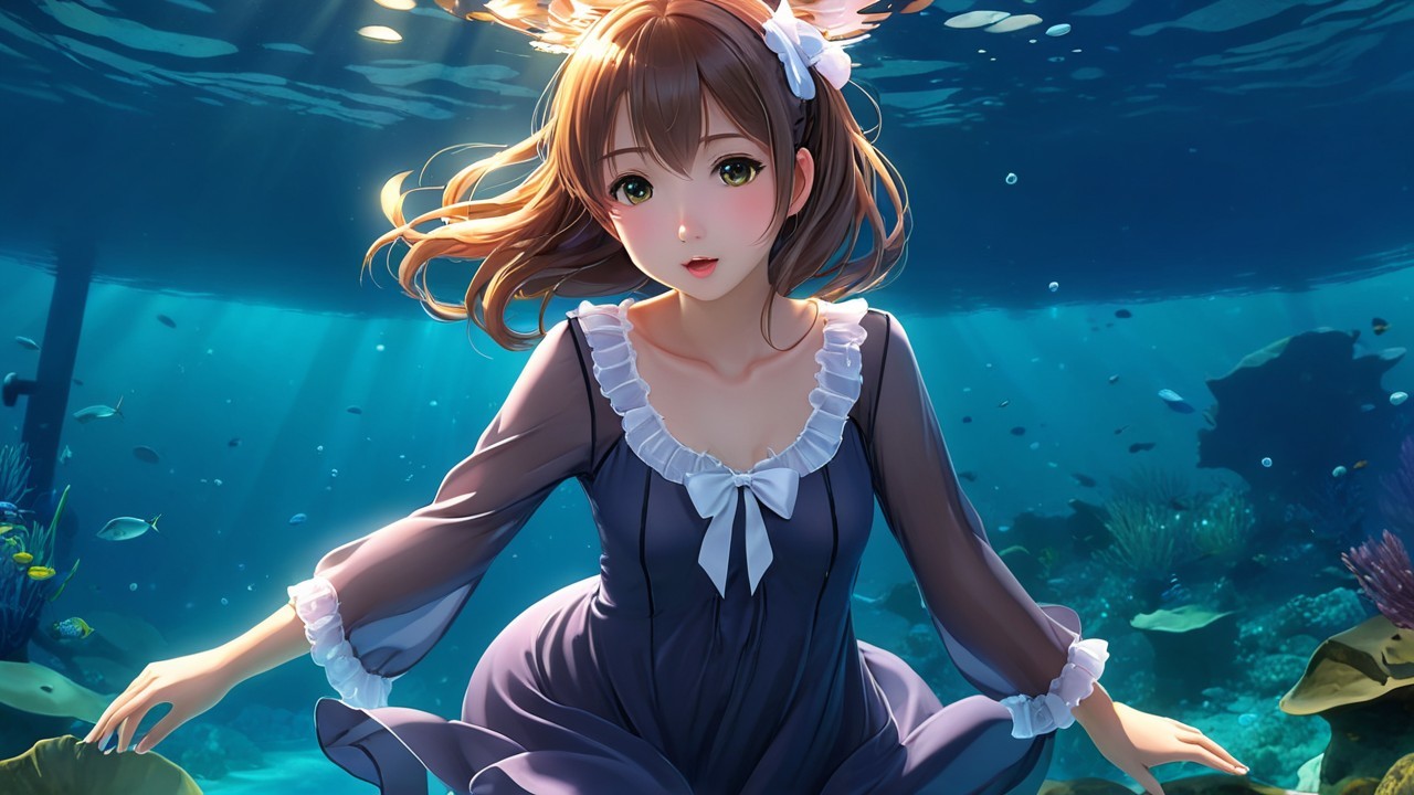 Young woman in dark dress sitting underwater with fish
