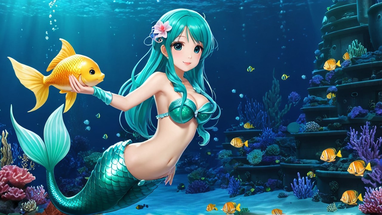 Vibrant Underwater Scene with Mermaid and Coral Reefs
