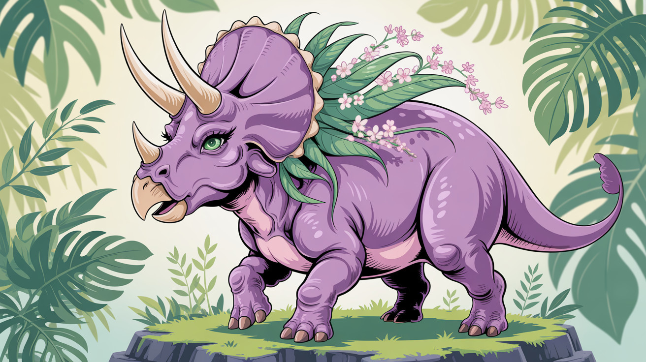 Purple Triceratops in a Lush Jungle Setting