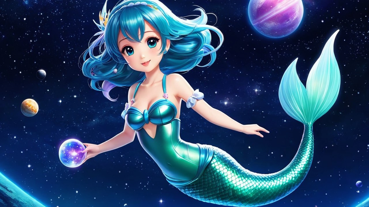 Stylized Mermaid Swimming in Cosmic Scene