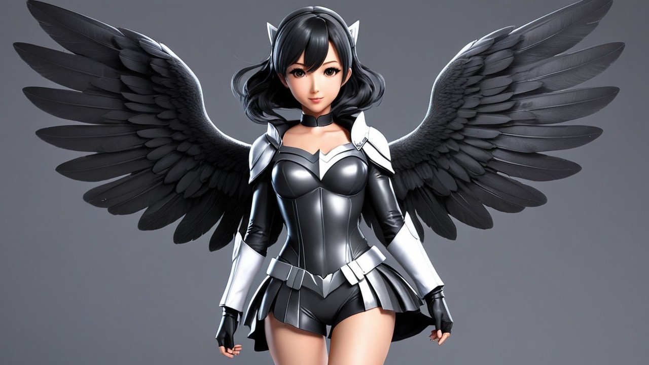 Stylized Female Character with Black Wings and Outfit