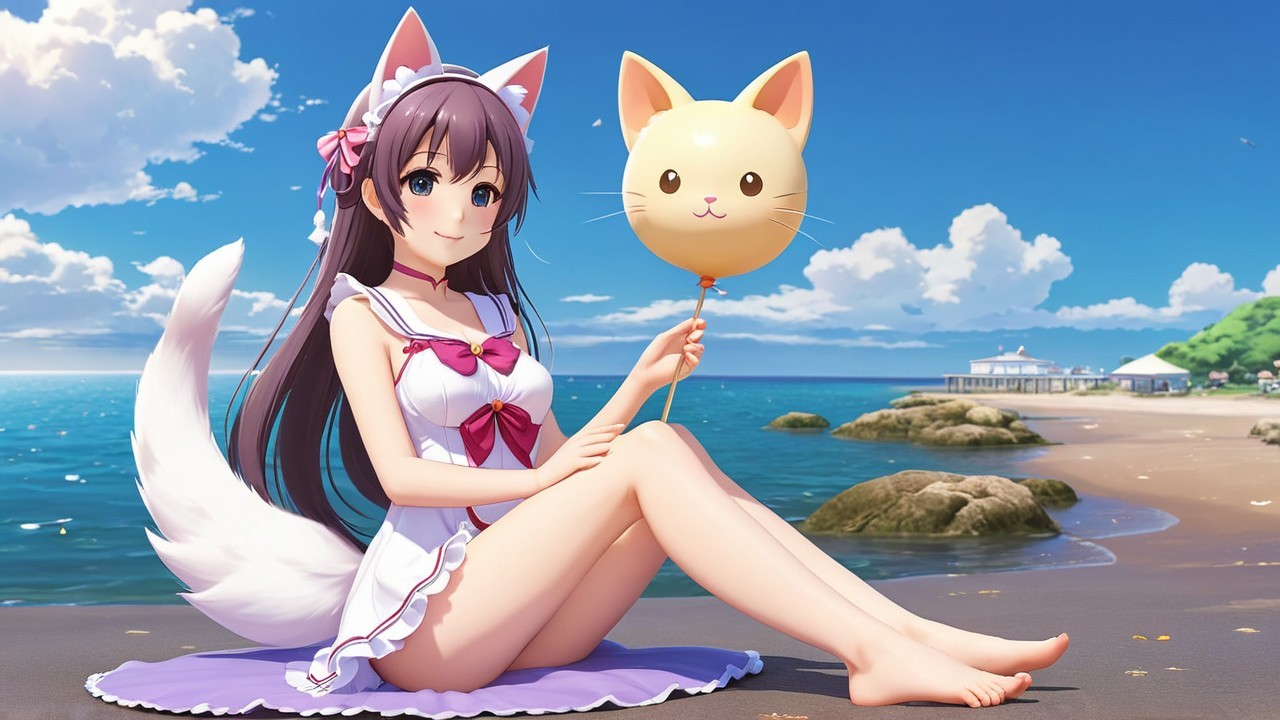 Cheerful anime character on beach with cat costume