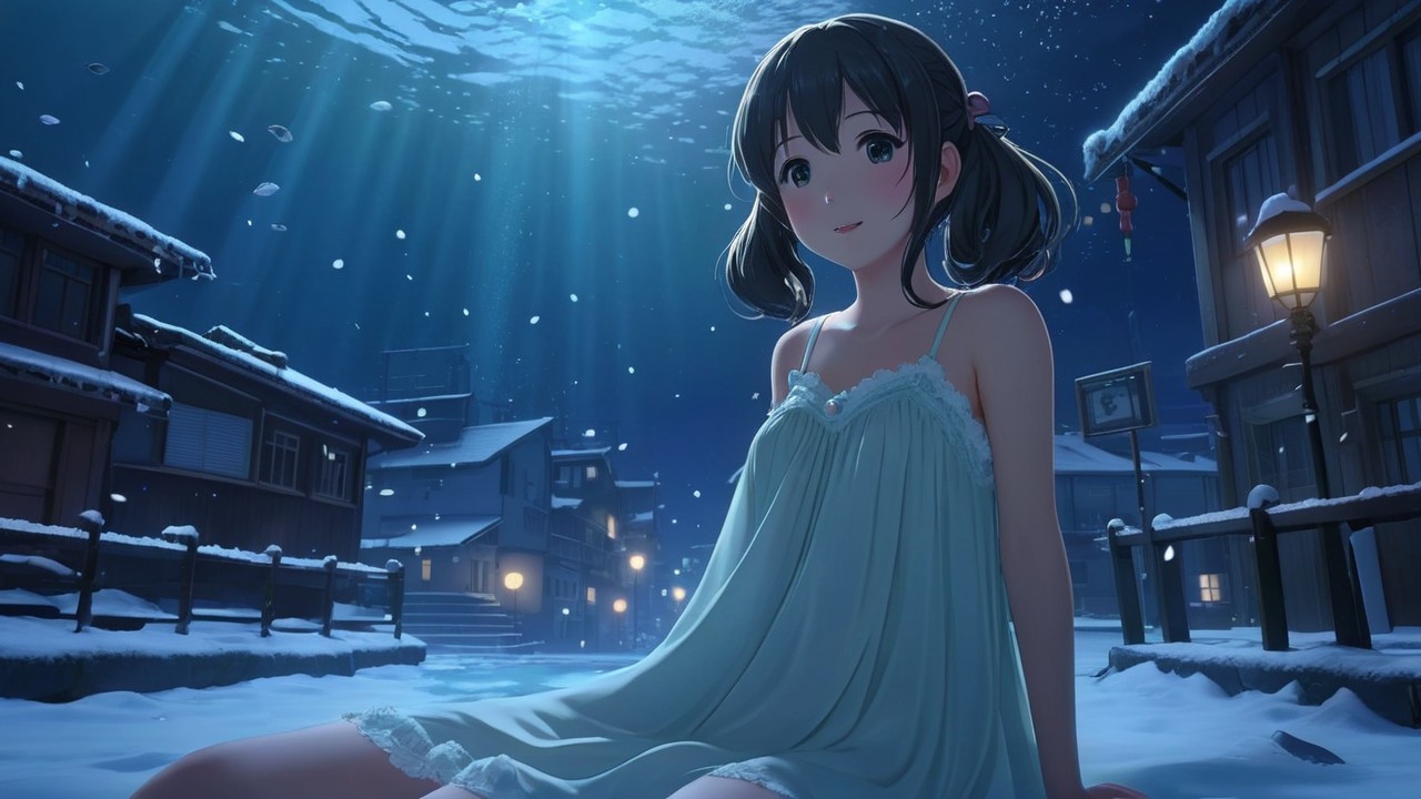 Winter Night Scene by Snow-Covered Riverside